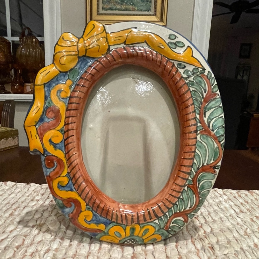 Vintage Oval Talavera Frame Blue Yellow Green Mexican Pottery Picture Frame